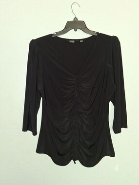 dennis basso Black Ruched V-Neck Women's Top